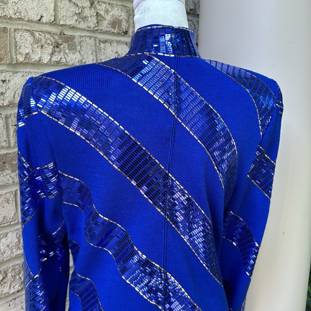 St. John Royal Blue Sequin Striped Cocktail Dress - Picture 5 of 16